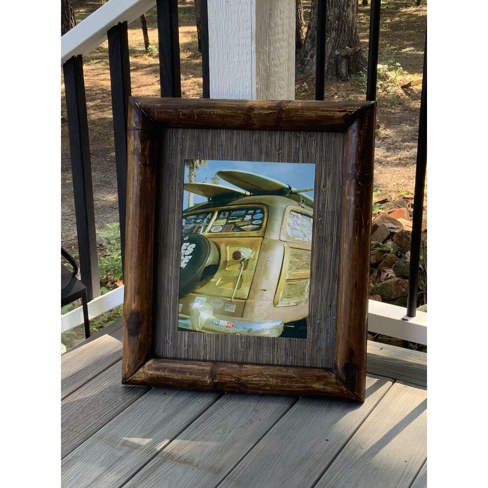 VINTAGE HAWAIIAN WOODY WITH SURF BOARD ART PRINTS Thick BAMBOO FRAMED 16 X 20